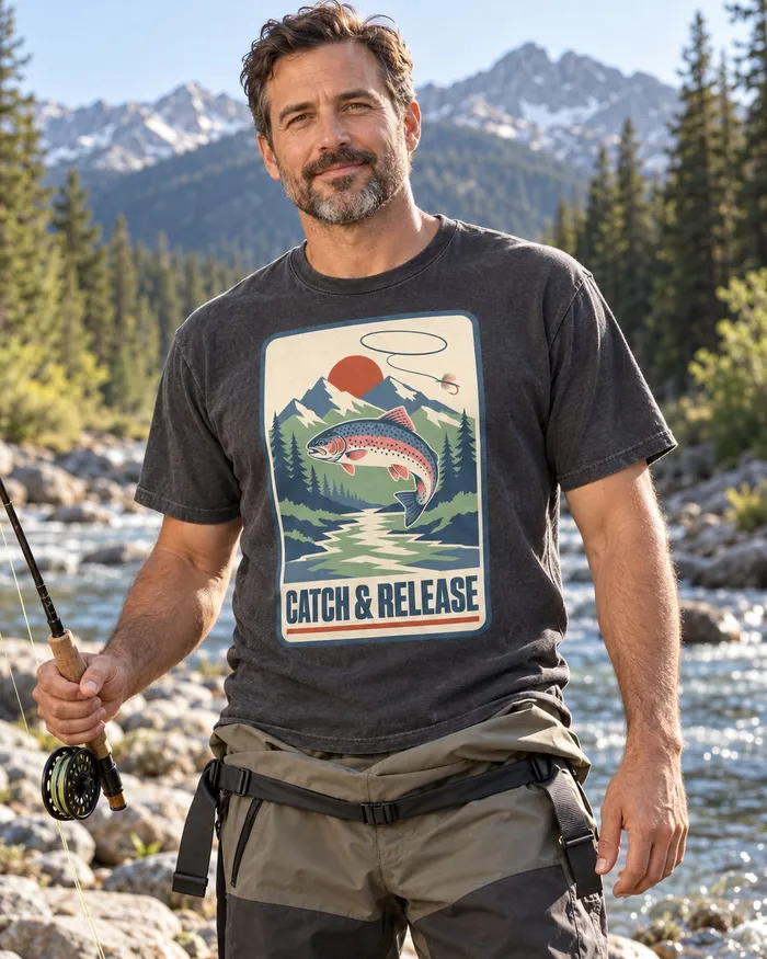 Model wearing the Catch & Release fishing shirt