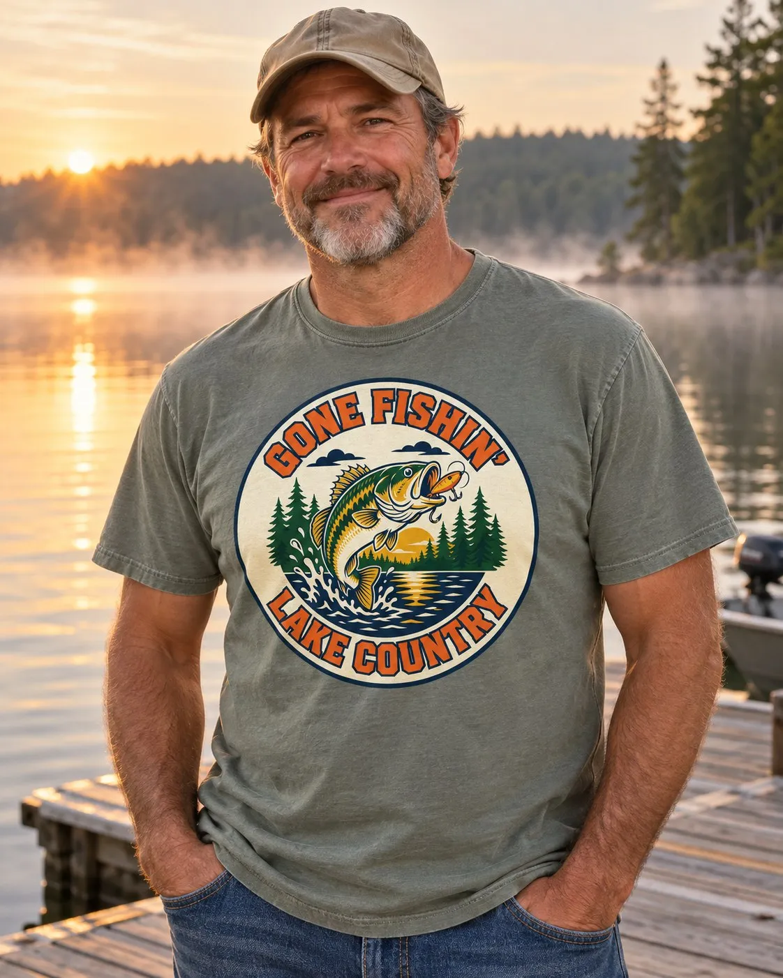 Model wearing the Gone Fishin' Lake Country fishing shirt