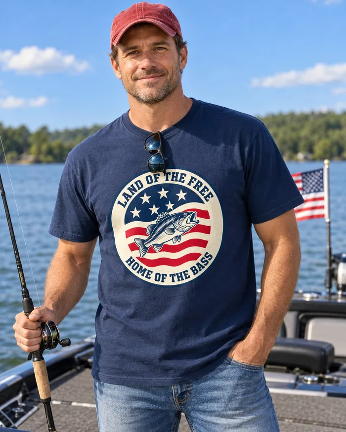 Model wearing the Home of the Bass fishing shirt