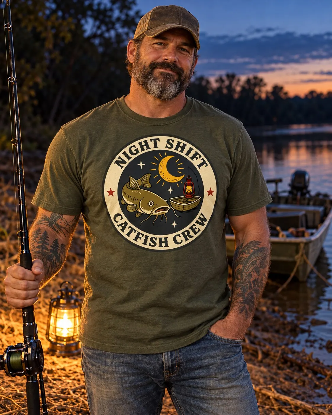 Model wearing the Night Shift Catfish Crew fishing shirt