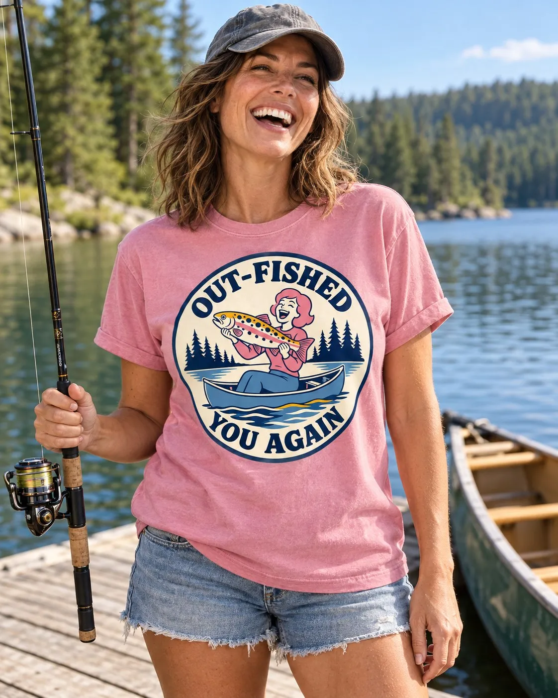 Model wearing the Out-Fished You Again fishing shirt