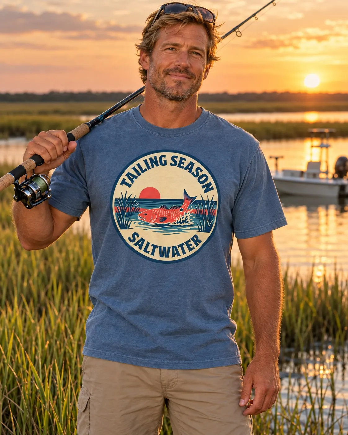 Model wearing the Tailing Season fishing shirt